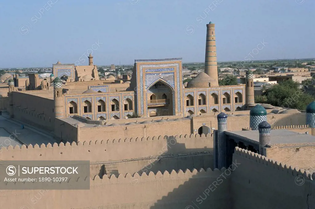 Overview of city from walls, Khiva, Uzbekistan, Central Asia, Asia