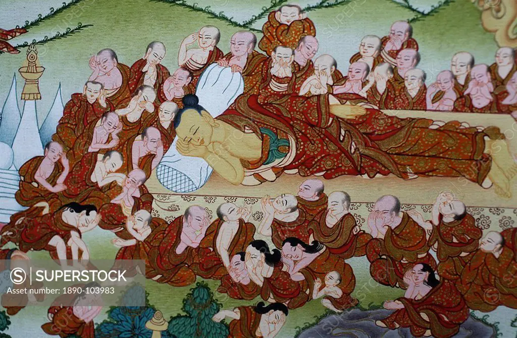 Thangka painting of the Buddha´s death Parinirvana, Bhaktapur, Nepal, Asia