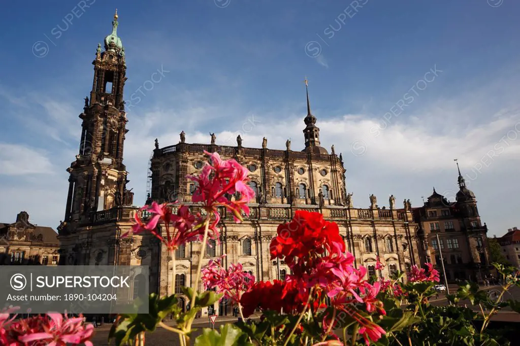 Geraniums in front of Hofkirche St. Trinity Cathedral, Old Town, Dresden, Saxony, Germany, Europe