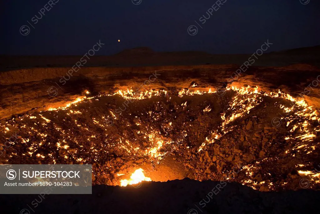 The Darvaza Gas Crater in the Karakol desert, Turkmenistan, Central Asia, Asia