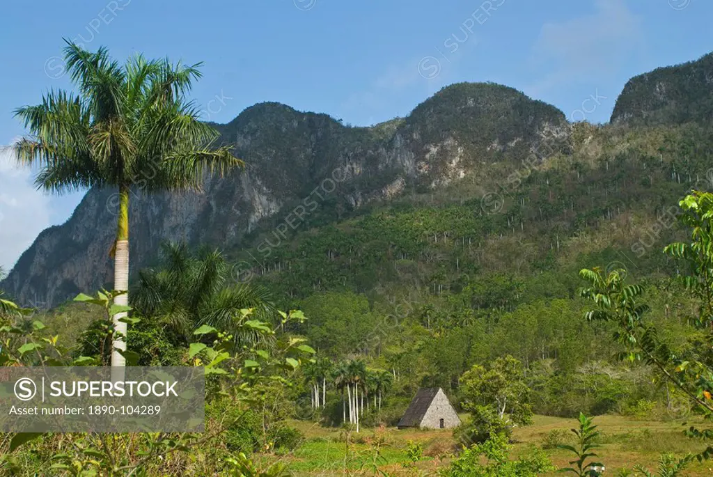 A little hut in the countryside below rocky hills, Vinales, Cuba, West Indies, Central America