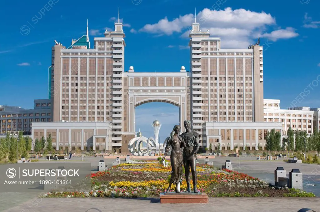 The Kay Munay Gaz building and the Bayterek monument, Astana, Kazakhstan, Central Asia