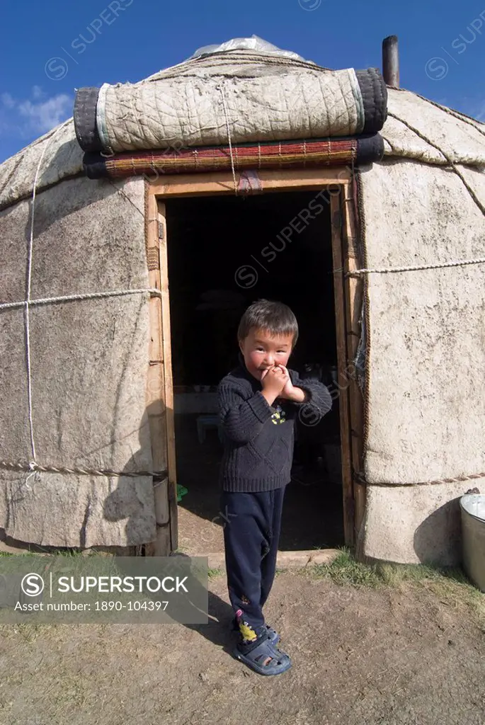 Child in yurt, tent of Nomads at Song Kol, Kyrgyzstan, Central Asia, Asia