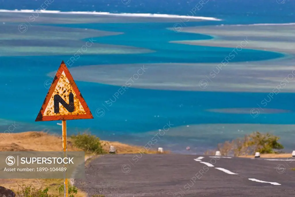 Road leading into zigzag water channel, Rodrigues, Mauritius, Indian Ocean, Africa