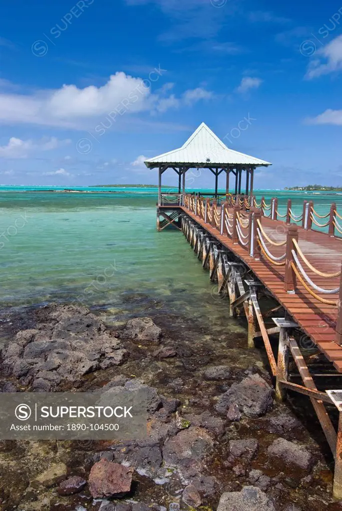 A pier is leading into the blue sea and ends in a small hut, Mauritius, Indian Ocean, Africa
