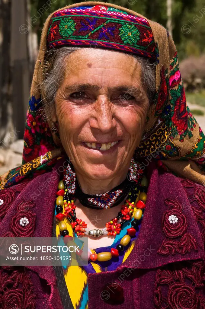 Portrait of smiling old Pamiri woman, Langar, Wakhan corridor, The Pamirs, Tajikistan, Central Asia, Asia