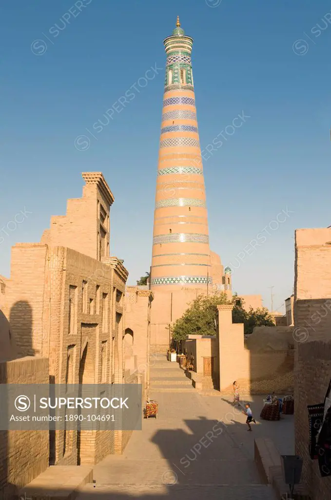 Minaret in Ichon_Qala Itchan Kala Fortress, UNESCO World Heritage Site, Khiva, Uzbekistan, Central Asia