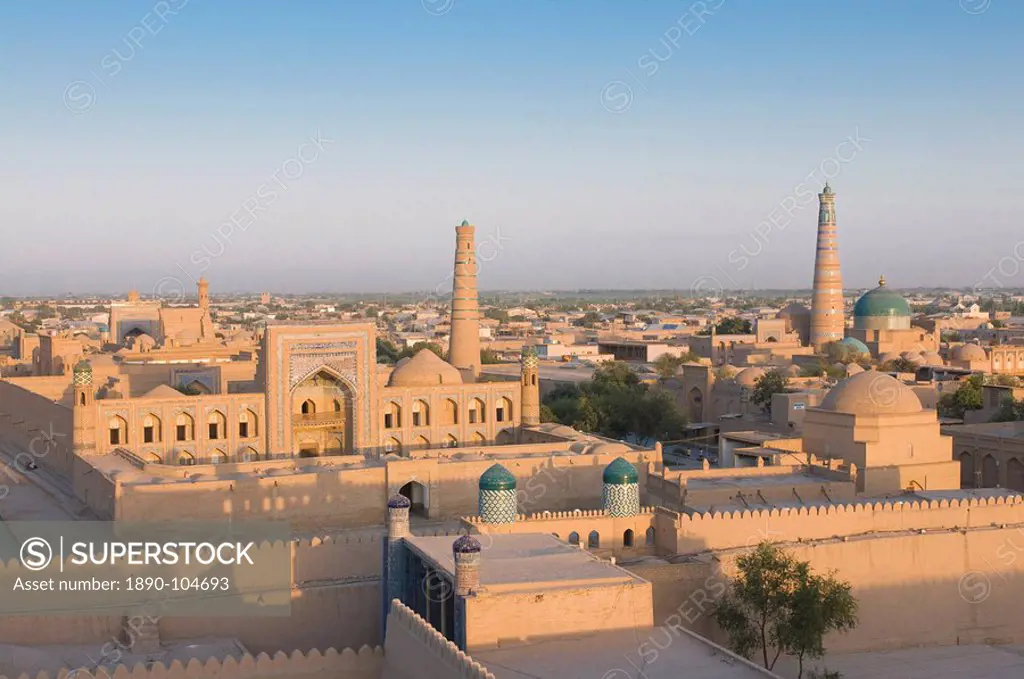 Overlooking city, the Mosques and medressas at Ichon Qala Fortress, Khiva, Uzbekistan, Central Asia