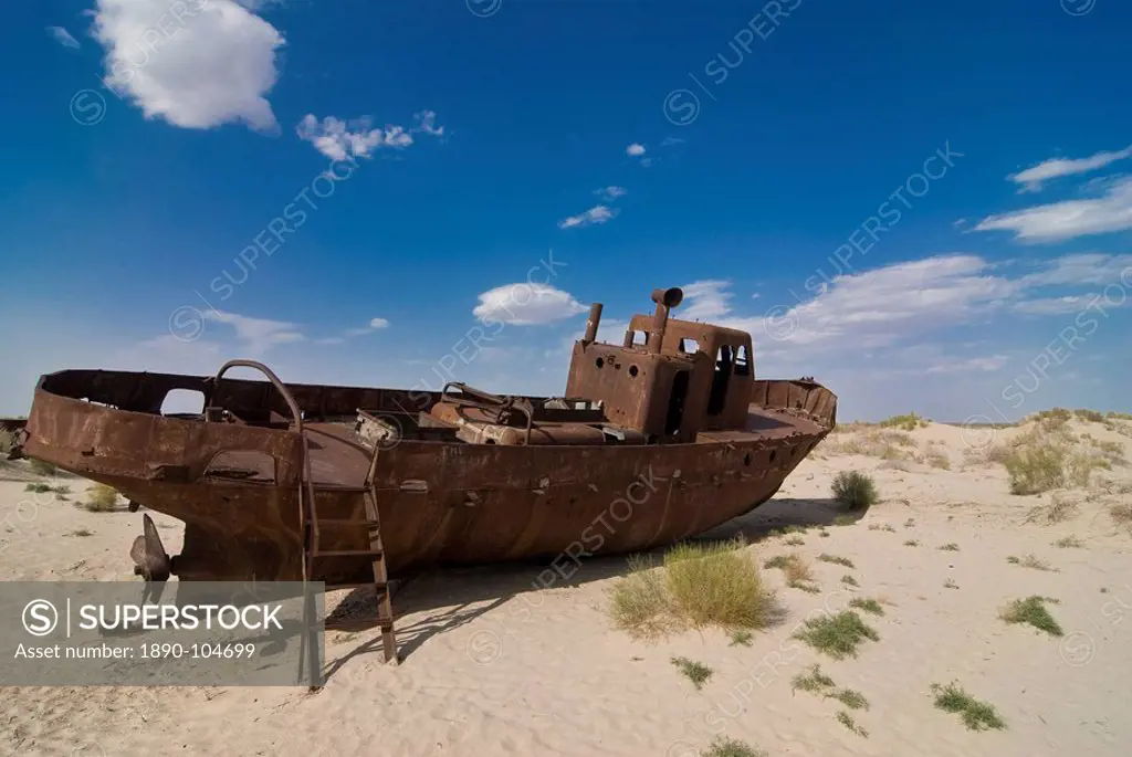 Rusting boats lying in the desert which used to be the Aral Sea, Moynaq, Uzbekistan, Central Asia