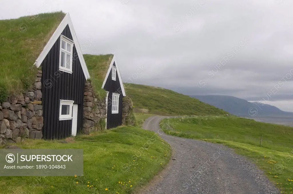 Typical, wooden turf houses covered with grass, Skaftafell National Park, Iceland, Polar Regions