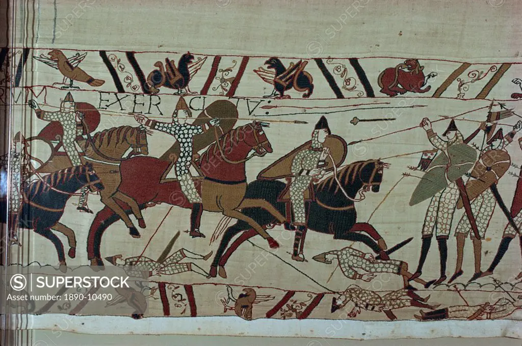 Norman cavalry clashes with Harold´s foot soldiers forming shield wall, Bayeux Tapestry, Bayeux, Normandy, France, Europe