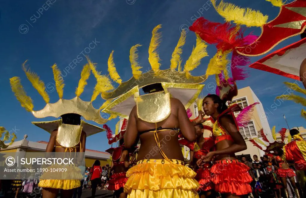 Women in colourful Carnival costume dancing, Mindelo, Sao Vicente, Cape Verde, Africa