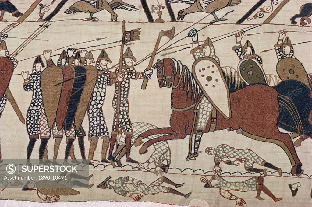 King Harold´s foot soldieres with spears and battle axes, Bayeux Tapestry, Normandy, France, Europe