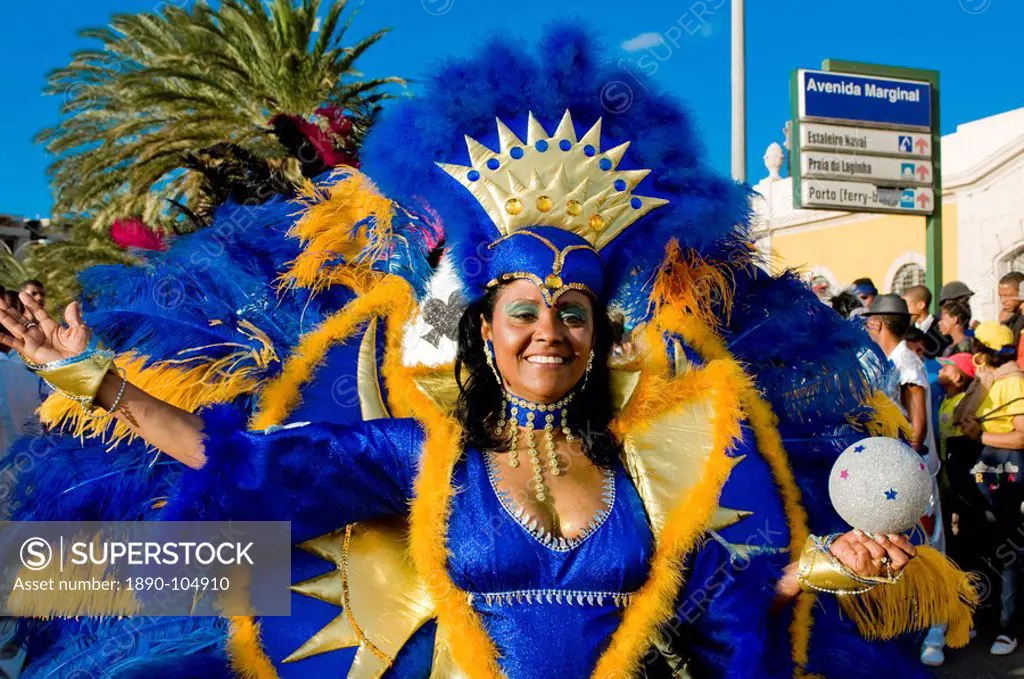 Pretty woman in colourful Carnival costume, Mindelo, Sao Vicente, Cape Verde, Africa