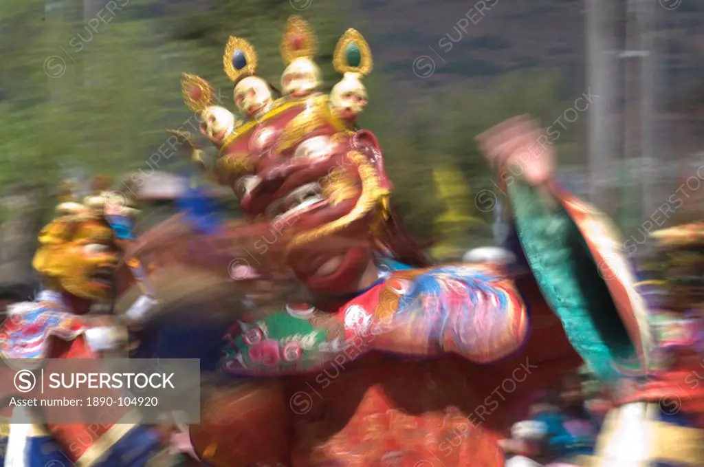Traditionally dressed dancer at the Paro Tsechu, a religious dance ceremony, Paro, Bhutan, Asia