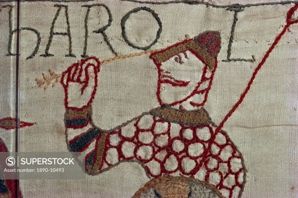 Death of King Harold showing an arrow in his eye, Bayeux Tapestry, Bayeux, Normandy, France, Europe