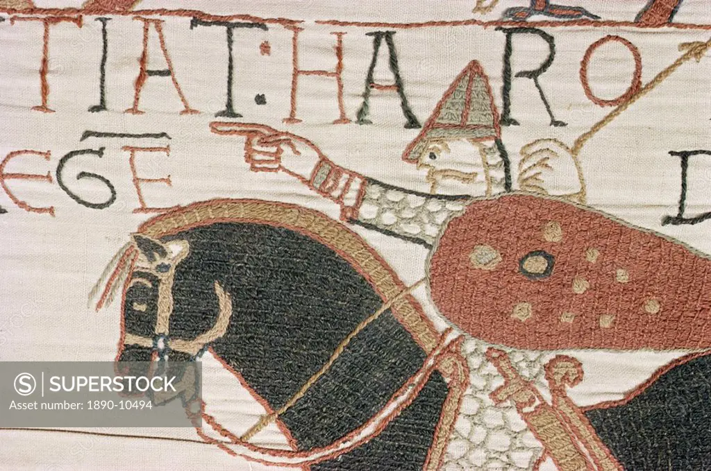 King Harold arriving from North to confront William, Bayeux Tapestry, Normandy, France, Europe