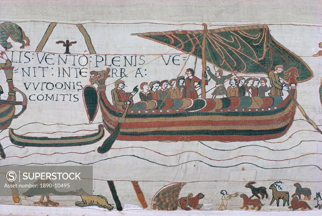 Harold steers ship across channel, a scene from the Bayeux Tapestry, Bayeux, Normandy, France, Europe