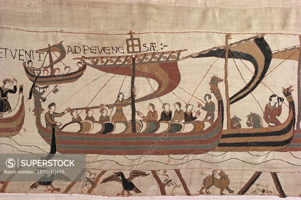 Invasion fleet, William steers ship with signal lantern on mast and stern, Bayeux Tapestry, Normandy, France, Europe