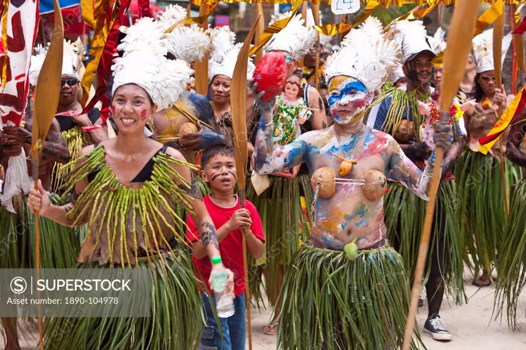 Parade along White Beach during the Ati_Atihan Festival, an annual feast in honour of the Santo Nino, Boracay, Aklan, Philippines, Southeast Asia, Asi...