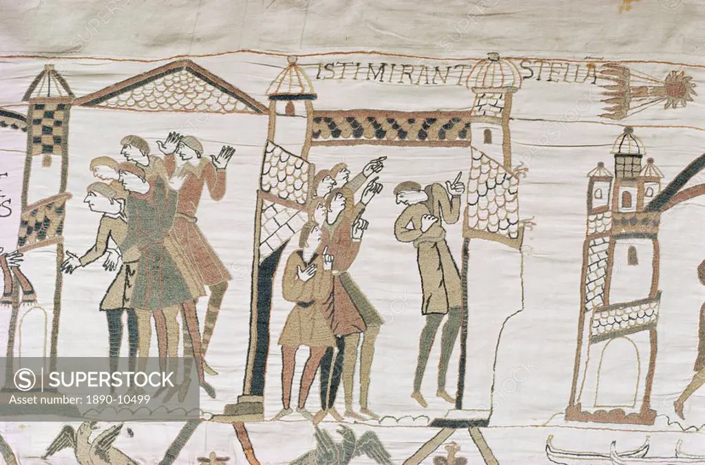 Crowds point to Halley´s Comet, February 1066, Bayeux Tapestry, Normandy, France, Europe