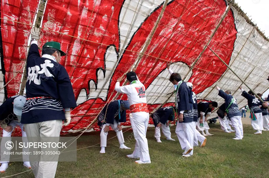 Sagami Kite Festival which boasts the largest kite in Japan at over 14 meters square and 1000 kg in weight, Sagamihara, Kanagawa, Japan, Asia