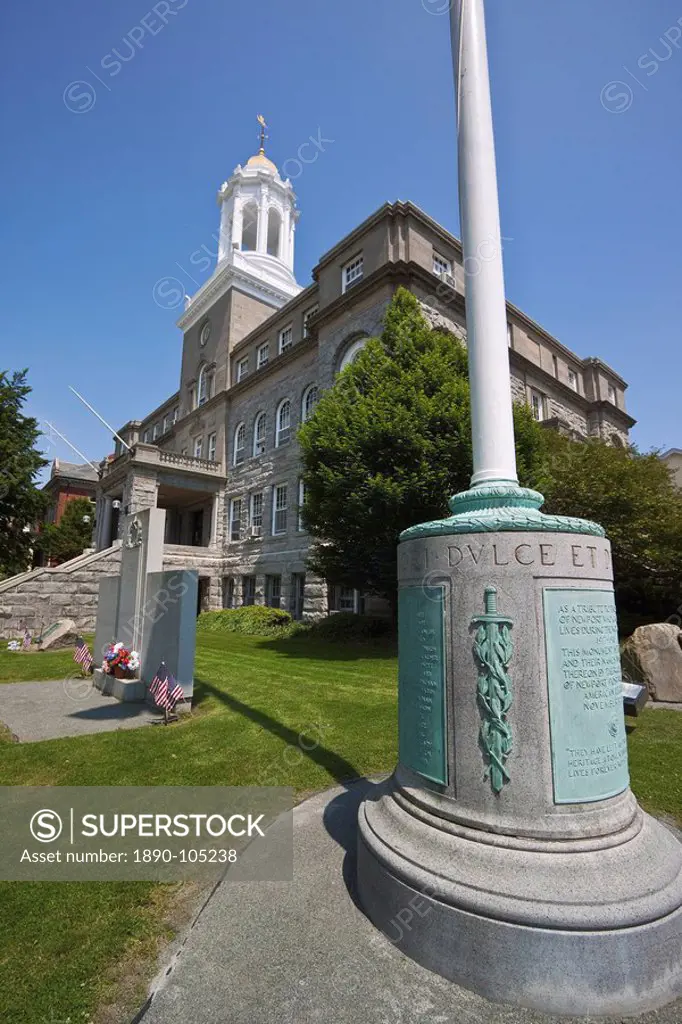 World War I and World War II on left, memorials outside the City Hall on Broadway in historic Newport, Rhode Island, New England, United States of Ame...