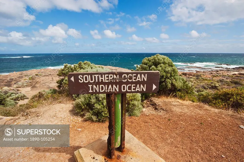 Sign marking the Southern and Indian Oceans at Cape Leeuwin, the south western tip of the continent, Augusta_Margaret River Shire, Western Australia, ...