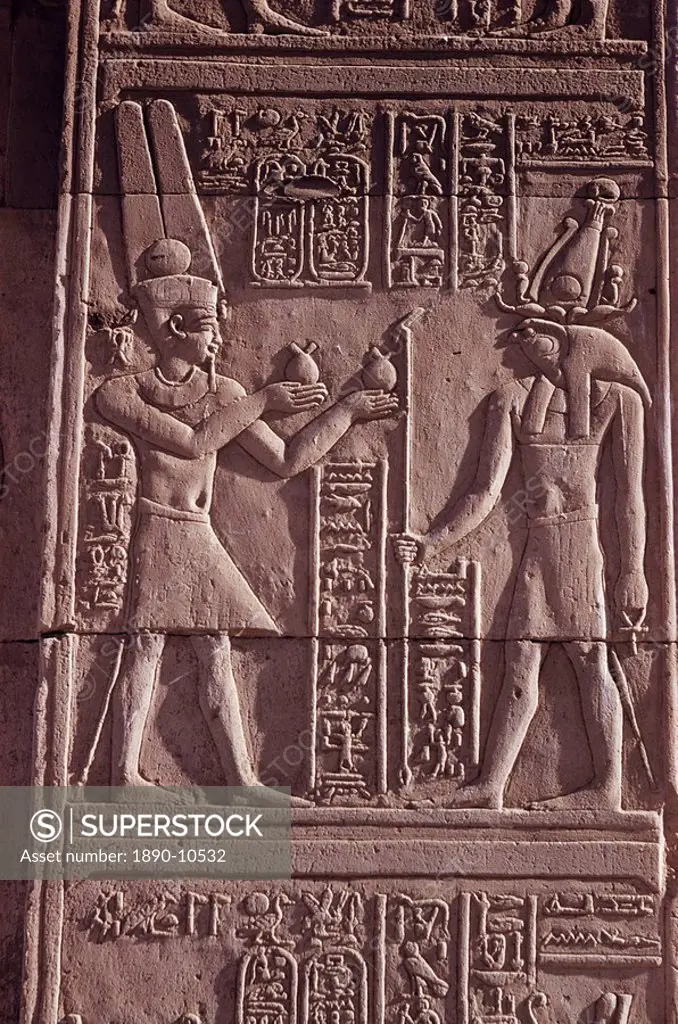 Ptolemaic low relief of the hawk_headed god Horus presented with offerings, Temple of Sobek and Haroeris, Kom Ombo, Egypt, North Africa, Africa