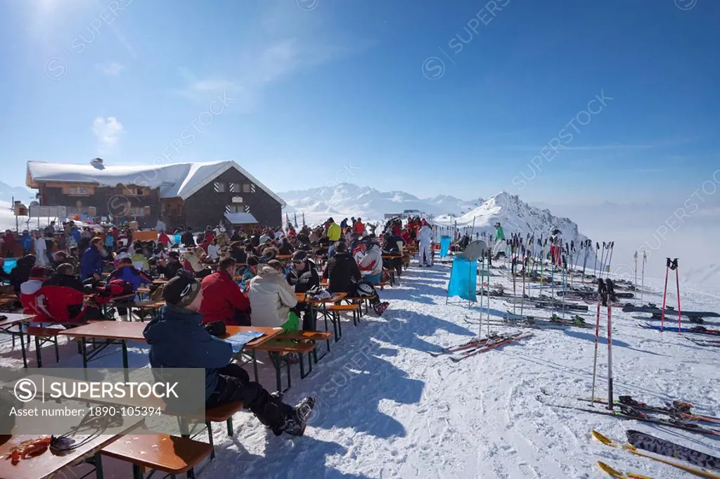 Ulmer Hutte Mountain Restaurant in St. Anton am Arlberg in winter snow, Tyrol, Austrian Alps, Austria, Europe