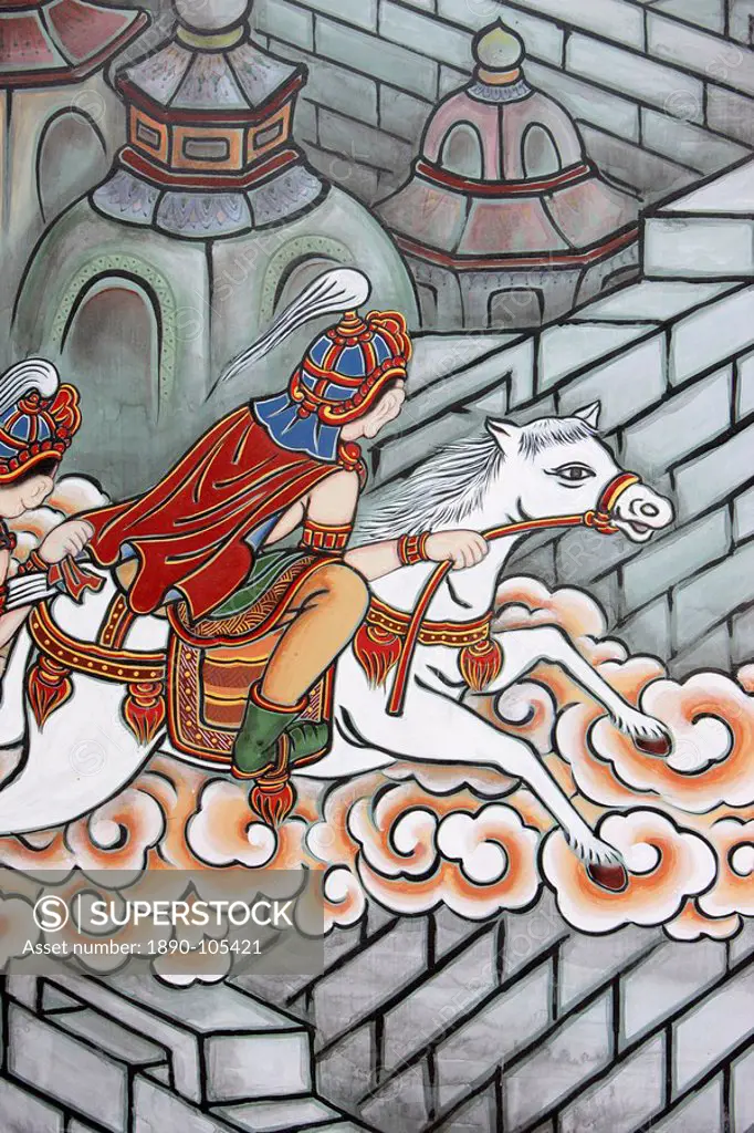Prince Siddhartha escapes his palace, accompanied by Channa aboard his horse Kanthaka, scene from the life of the Buddha, Seoul, South Korea, Asia