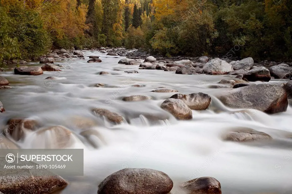 Cascades on the Little Susitna River with fall colors, Hatcher Pass, Alaska, United States of America, North America