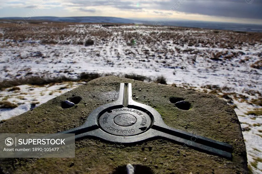Looking west from an old Ordnance Survey triangulation point on The Chains above Blackmoor Gate in winter, Exmoor, Devon, England, United Kingdom, Eur...