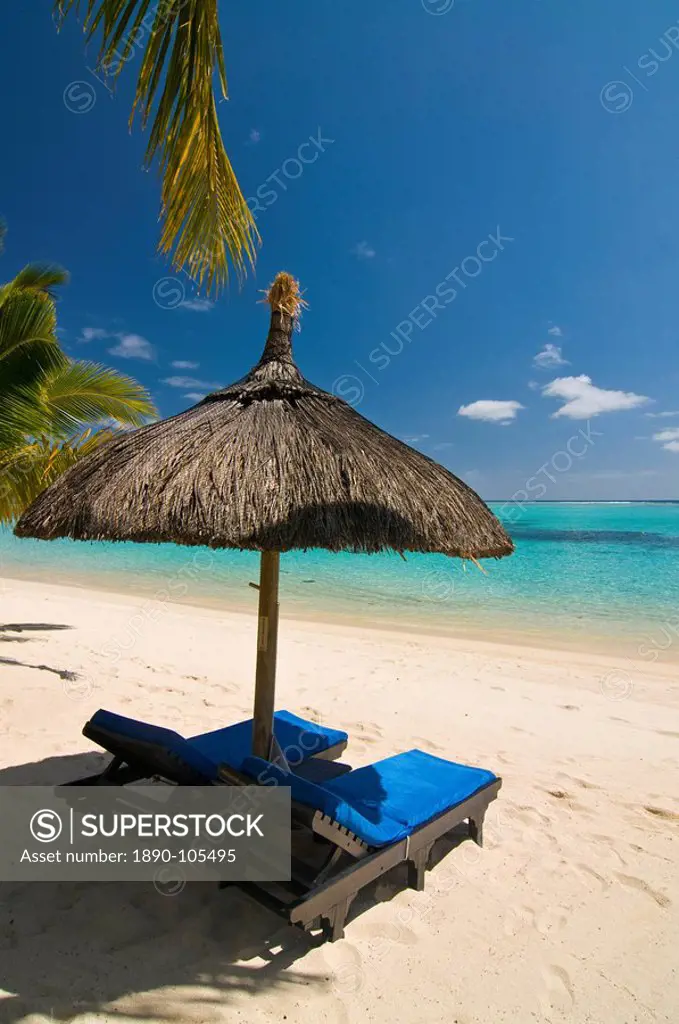 Sun lounger on the beach of the Beachcomber Le Paradis five star hotel, Mauritius, Indian Ocean, Africa