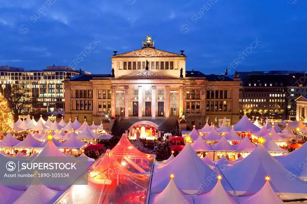 Traditional Christmas Market at Gendarmenmarkt, illuminated at dusk, Berlin, Germany, Europe