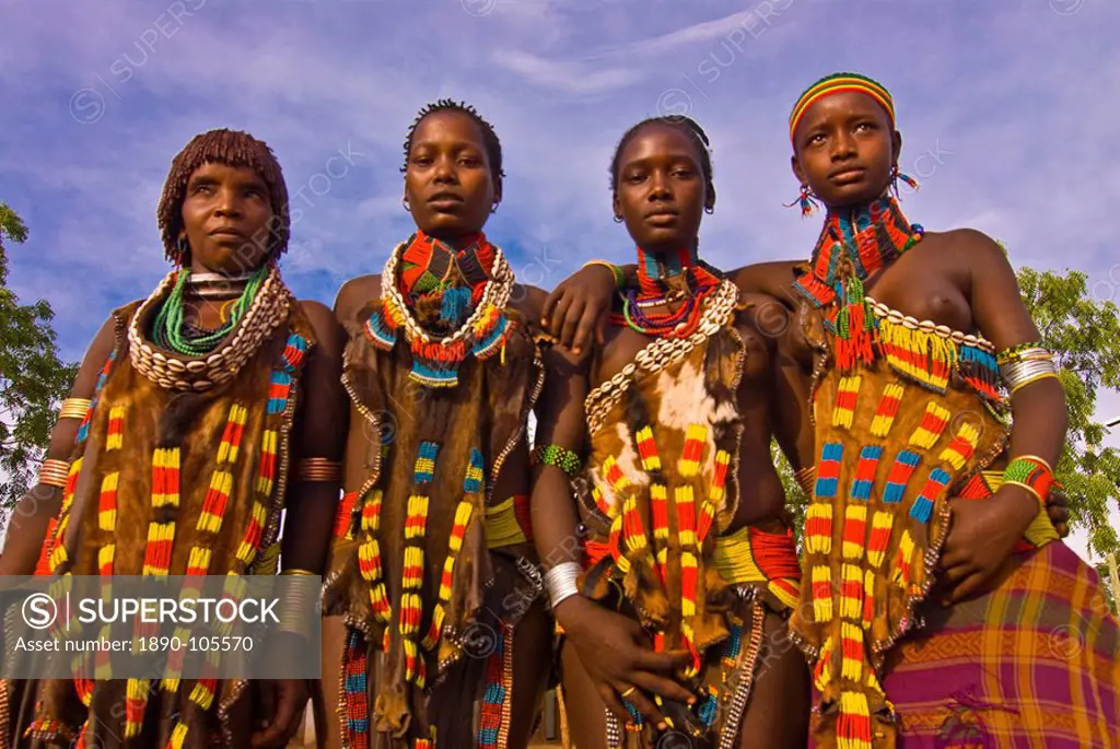 Four colourful Hamer woman, Turmi, Omo valley, Ethiopia, Africa