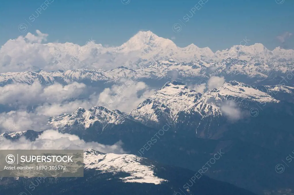 Aerial photo of the Himalayas with the world´s third highest mountain, Kanchenjunga, Bhutan, Asia