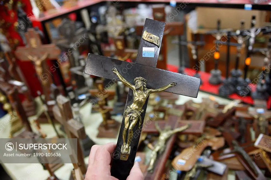 Religious objects sold at a flea market, Cluses, Haute Savoie, France, Europe