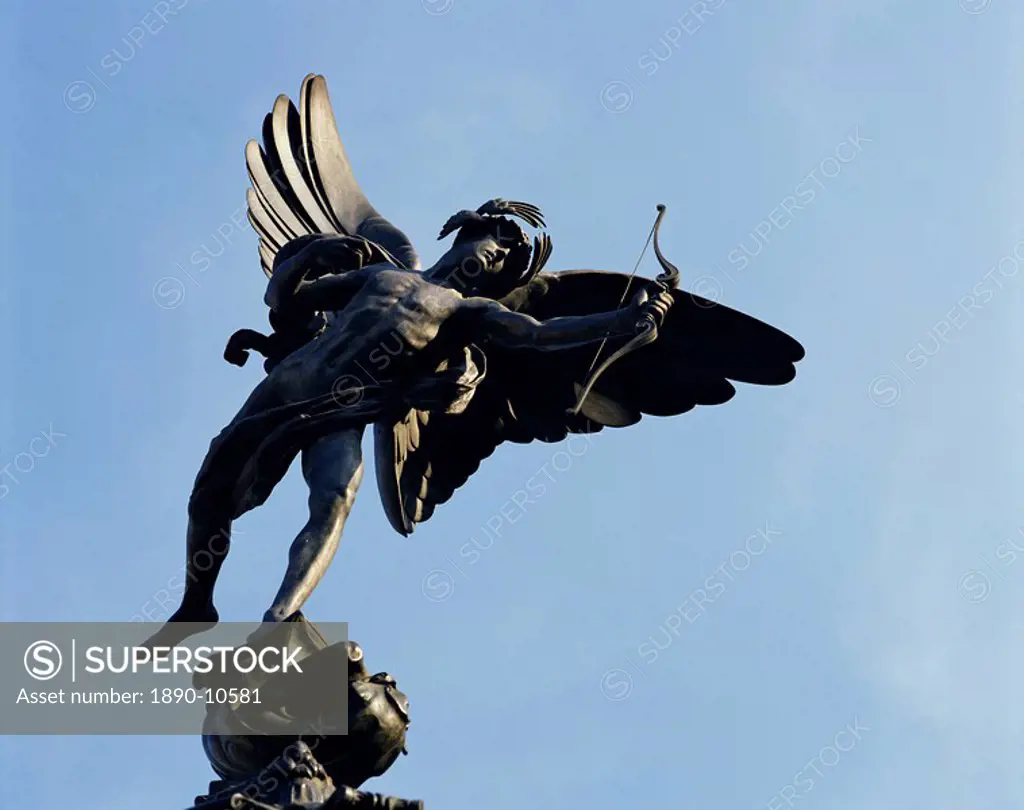 Close_up of the statue of Eros on the Shaftesbury Memorial, Piccadilly Circus, London, England, United Kingdom, Europe