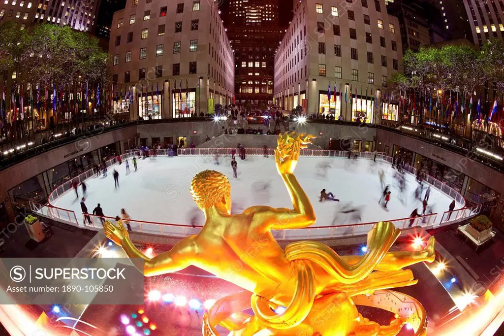 Ice Skating Rink below the Rockefeller Centre building on Fifth Avenue, New York City, New York, United States of America, North America