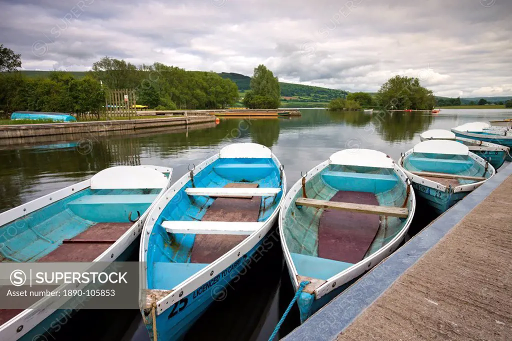 Pleasure boats moored at Llangorse Lake, Brecon Beacons National Park, Powys, Wales, United Kingdom, Europe