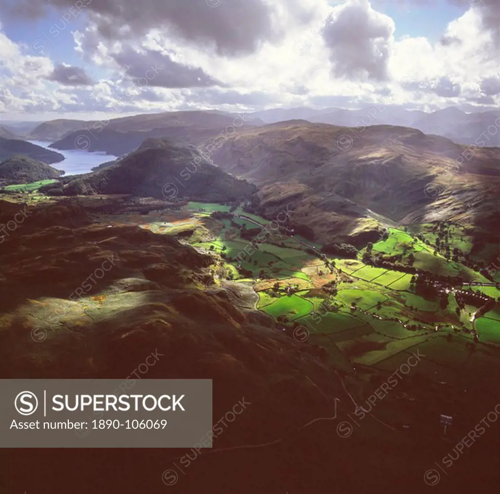 Aerial image of valley north of Thirlmere, Lake District National Park, Cumbria, England, United Kingdom, Europe