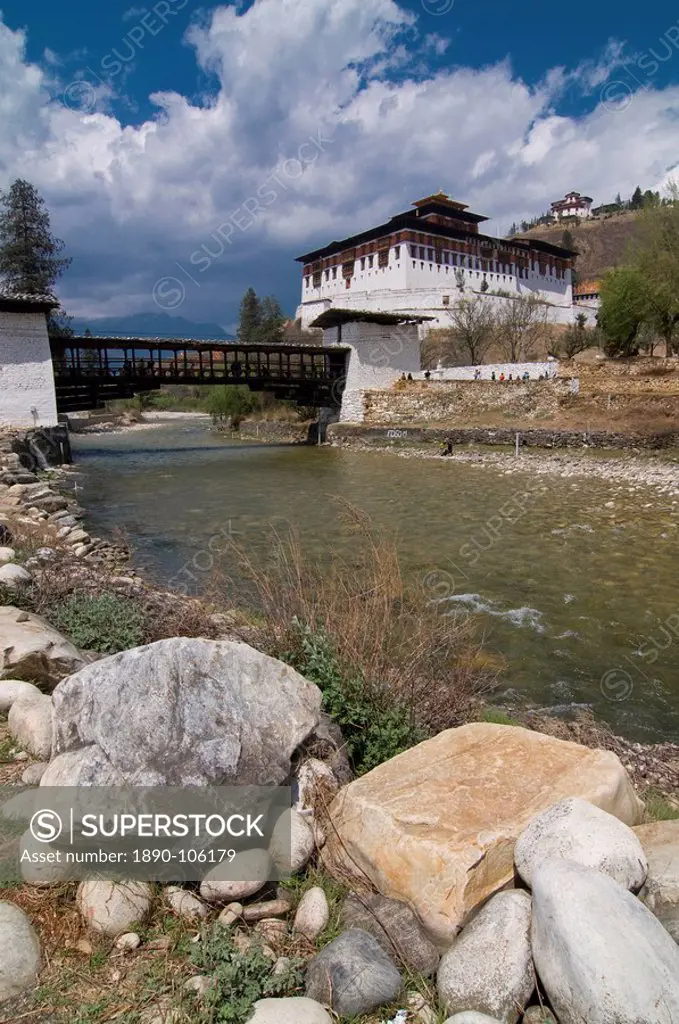 The Paro Tsong a old castle and a wooden covered bridge, Paro, Bhutan, Asia
