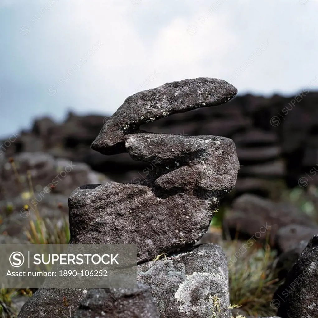 Eroded sandstone rock shape on summit of Mount Kukenaam Kukenan Cuguenan, Estado Bolivar, Venezuela, South America
