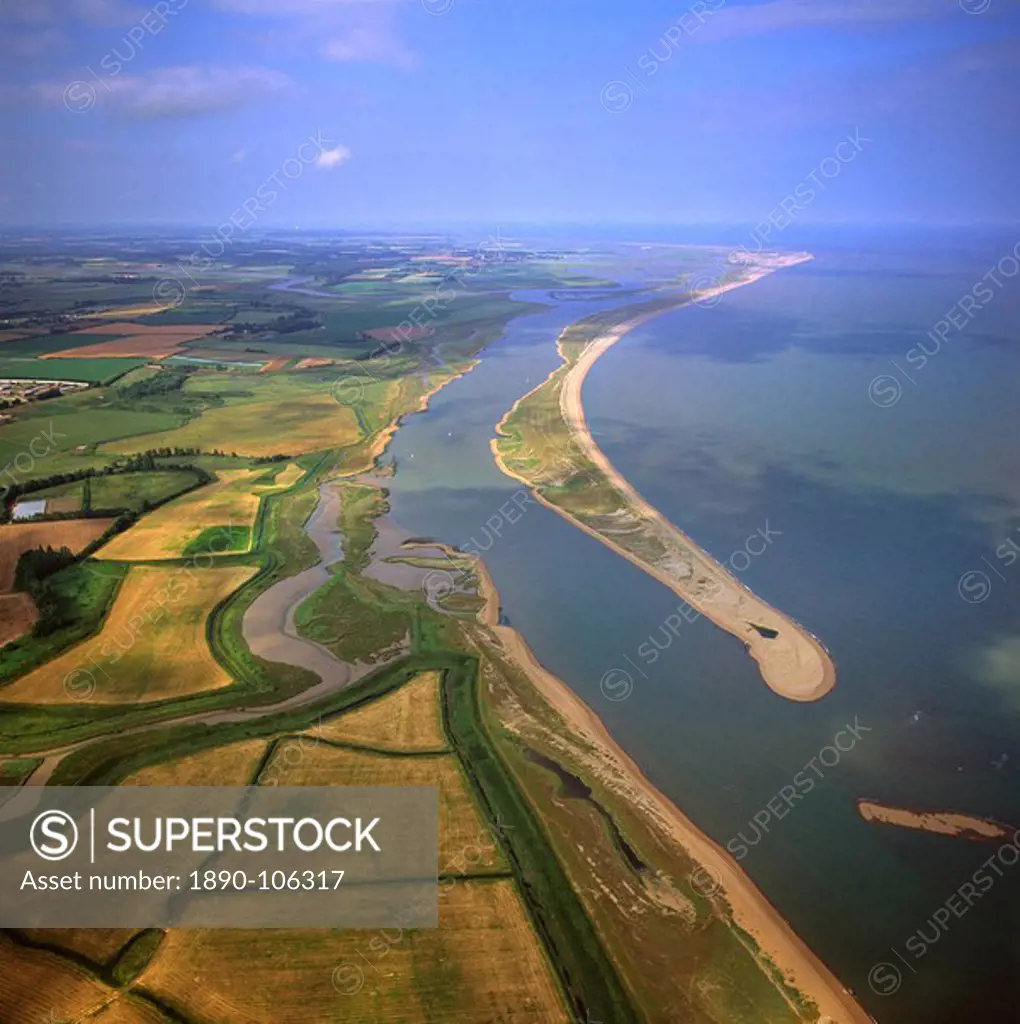 Aerial view of Orford Ness Orfordness, a cuspate foreland shingle spit, Suffolk, England, United Kingdom, Europe