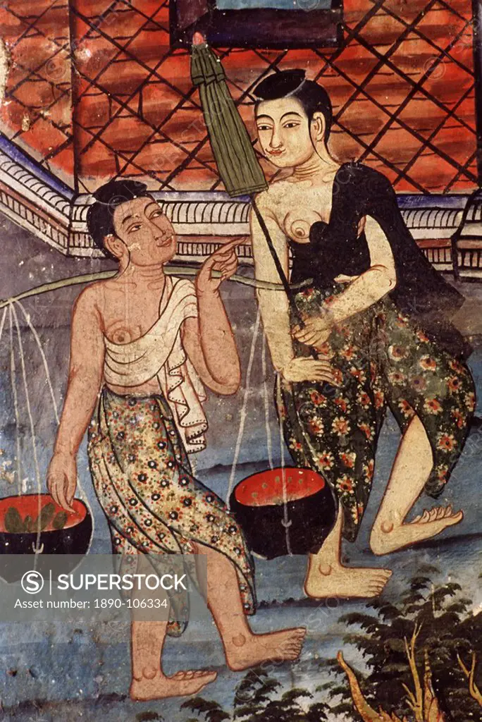 Detail of the murals of the Sang Thong Tales, painted in the late 19th century, Viharn Laikam at Wat Phra Singh, Chiang Mai, Thailand, Southeast Asia,...