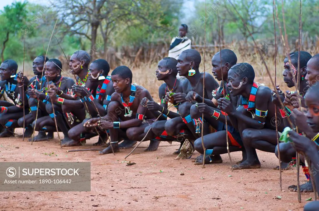 Young warriors of the Hamer tribe waiting for the Jumping of the Bull ceremony, Omo valley, Ethiopia, Africa