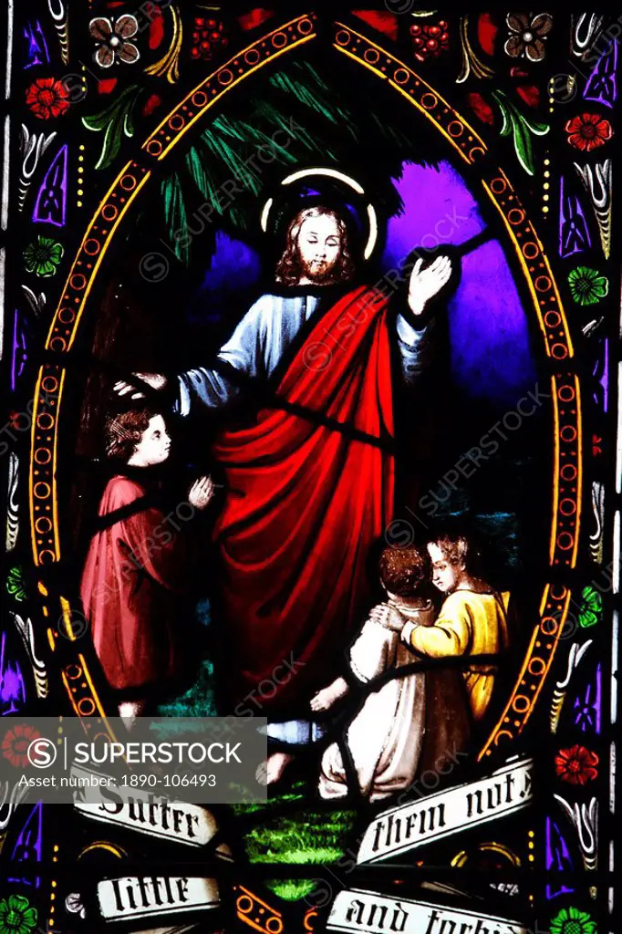 Jesus blessing the children, 19th century stained glass in St. John´s Anglican church, Sydney, New South Wales, Australia, Pacific