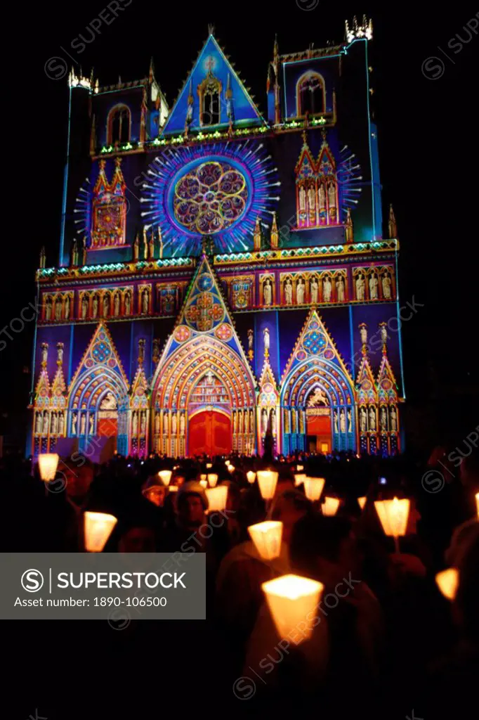Light festival procession in front of St. Johns Cathedral, Lyon, Rhone, France, Europe
