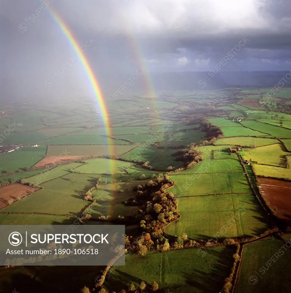 Aerial image of a double rainbow over the Somerset Levels, Somerset, England, United Kingdom, Europe